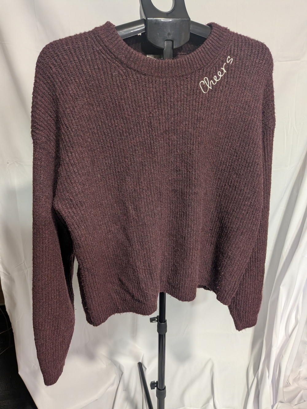 a new day Dark Plum Ribbed Crewneck Sweater with Shoulder Script